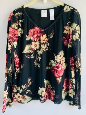 Emma James Top Black Pink Floral Roses V Neck Office Business Casual EUC Medium